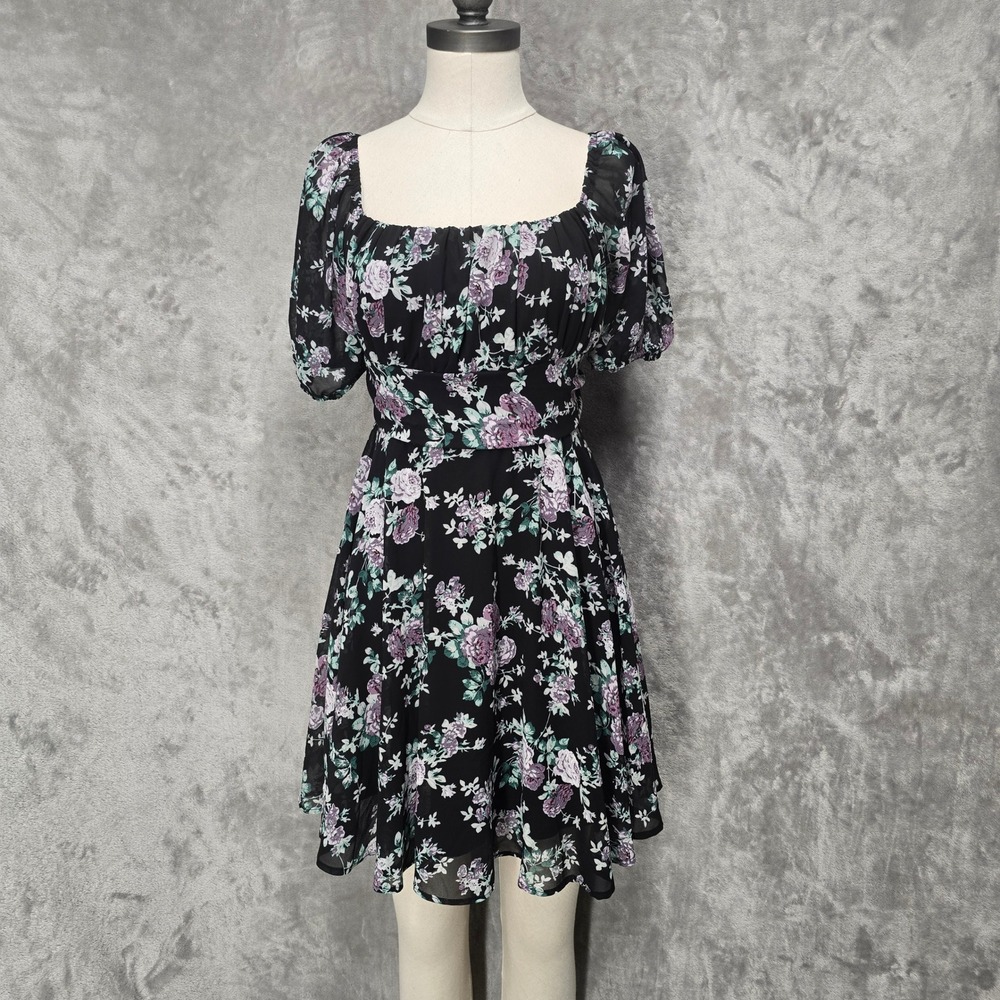 Paper Moon Mini Dress Women L Floral Open Tie Back Puff Sleeve Fairy Romantic